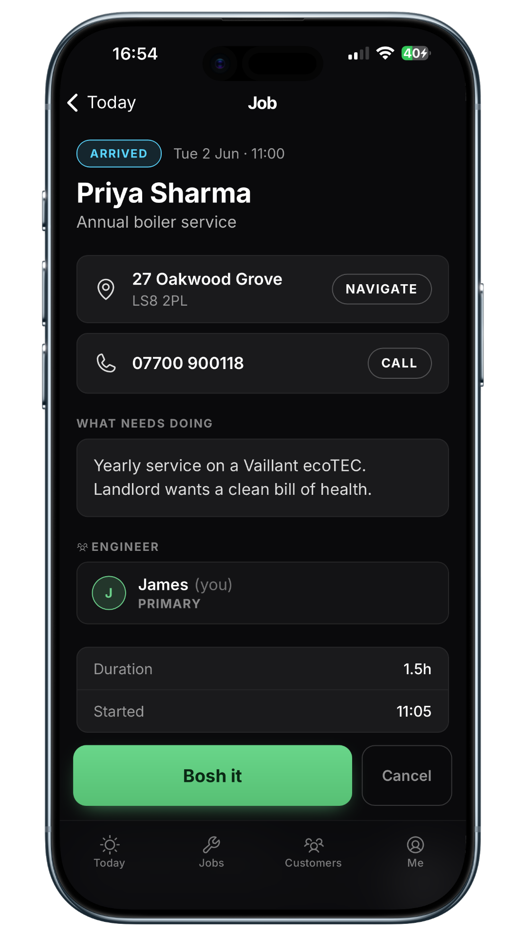The Boshed engineer app shown on a phone